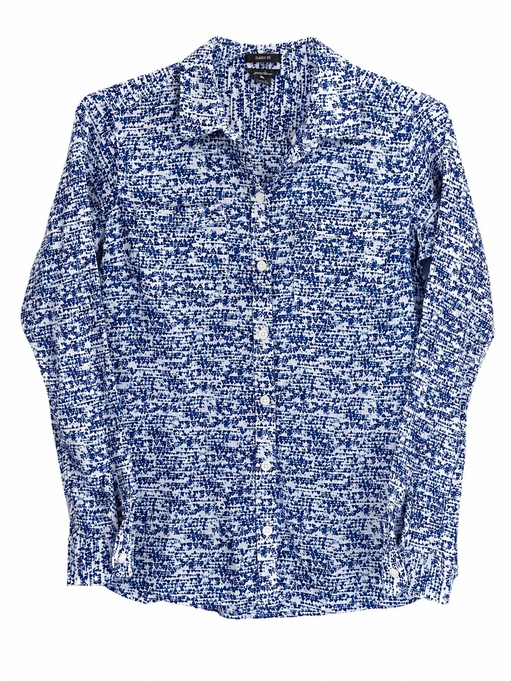 Eddie Bauer Women’s Blue & White Geometric Print Button-Down Shirt Size Small